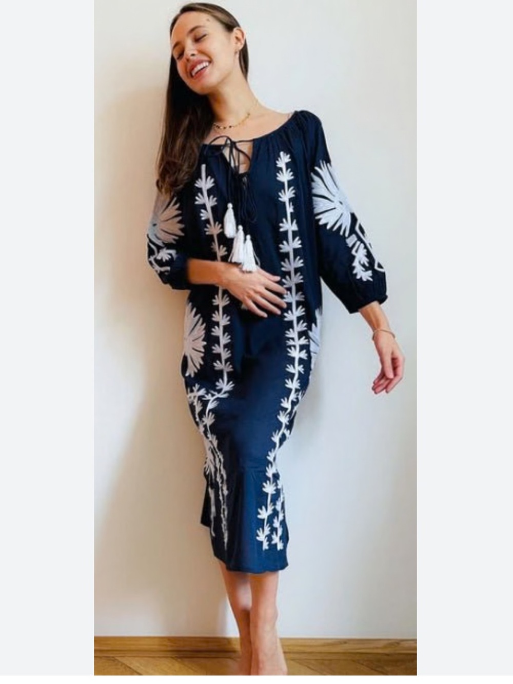 Dolma Elana Navy Peasant Dress with Tassel Tie
